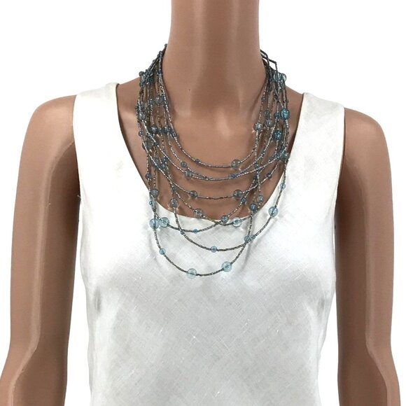 Multi Strand Beaded Necklace 8 Layer Tier Blue Gray Chunky - Picture 2 of 2